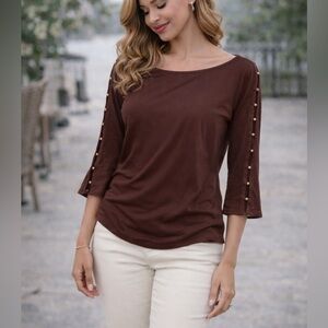 Soft Surroundings Chocolate Mid Sleeve Top with Pearl Accents